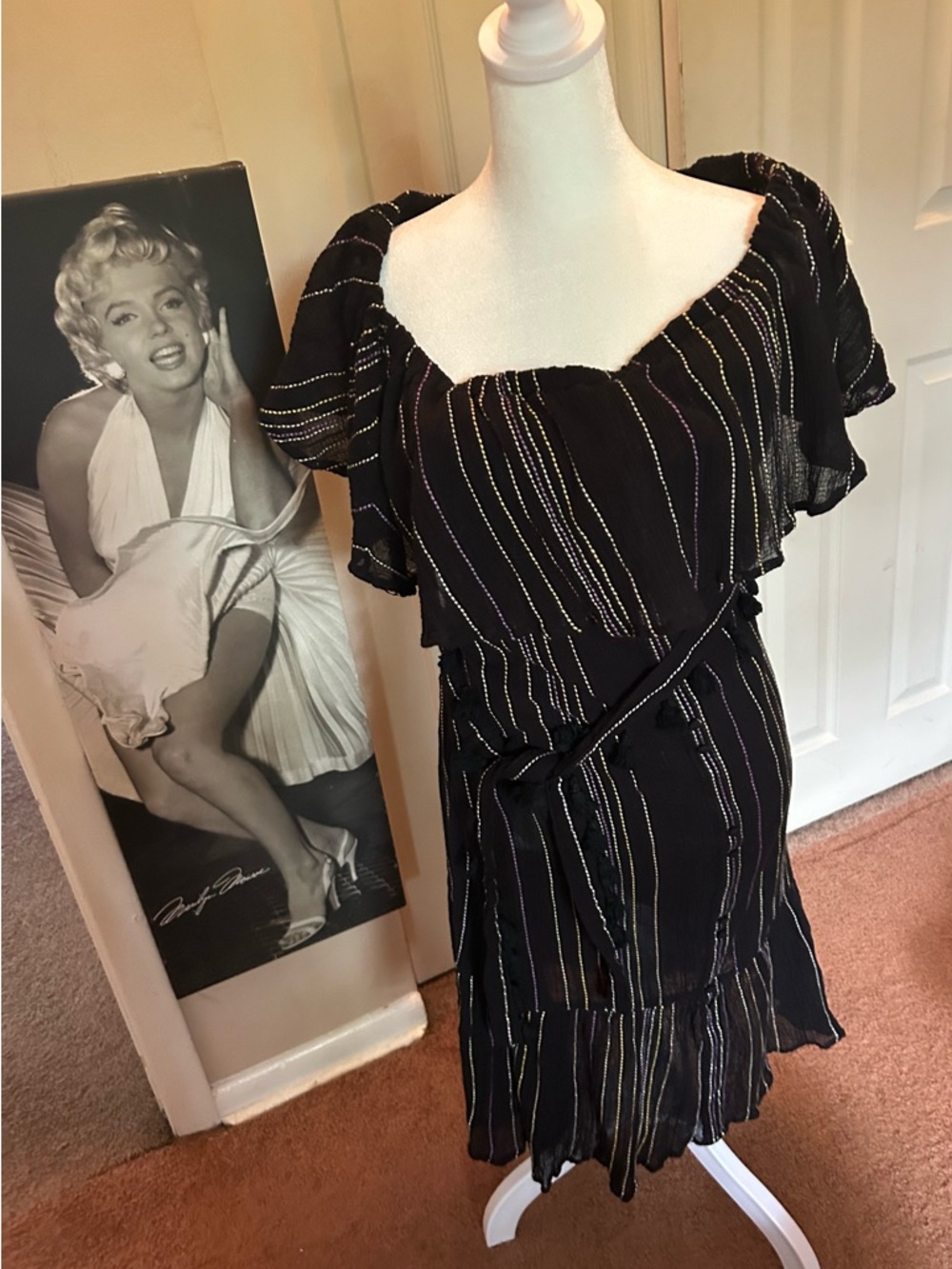 Michael Stars Black Midi Dress with light yellow and purple Stripes.  L
